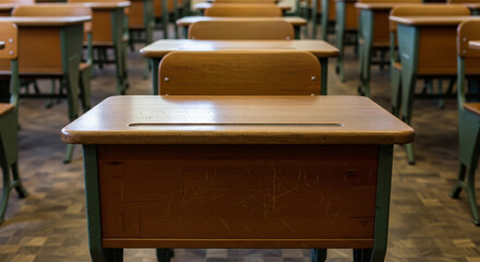  Rows of empty wooden desks and chairs face forward in a traditional classroom, creating a nostalgic and slightly melancholic image of a school awaiting its students.