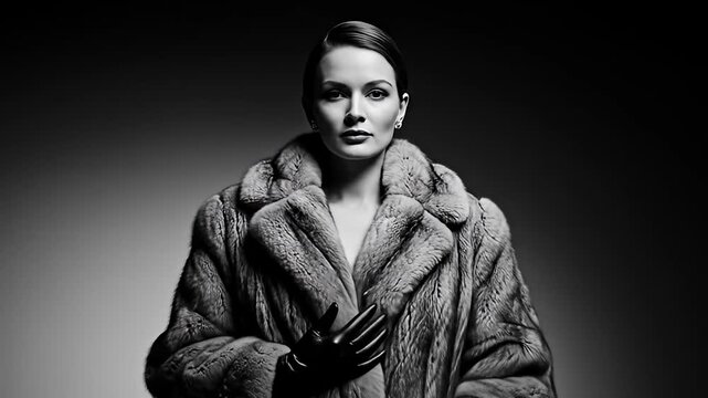 Monochrome shot of woman in fur coat with gloved hands. High contrast, intense gaze