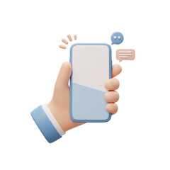 3D Render of a Hand Holding a Blue Smartphone with Message Bubbles