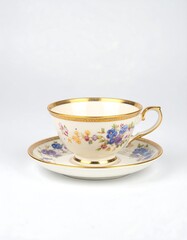 Cream-colored teacup and saucer with floral design
