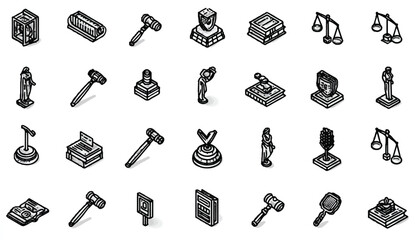 Collection of Isometric Justice and Law Icons Featuring Gavel Scales and Legal Symbols Representing Legal System