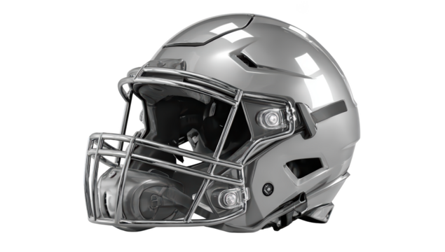 Shiny, detailed, grey football helmet, face mask visible. Close-up, isolated on black