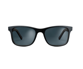 Pair of sunglasses with a black frame and a grey lens