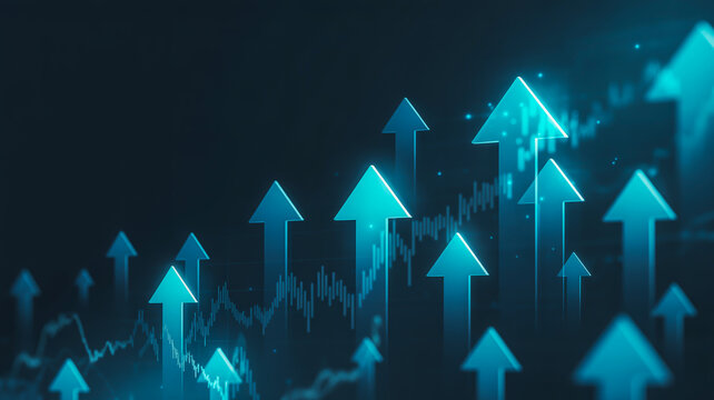 Abstract digital art depicting numerous glowing teal arrows ascending against a dark background symbolizing growth and progress