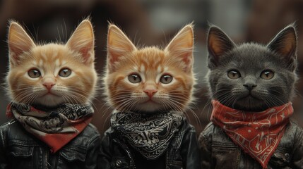 Three cats wearing bandanas are standing next to each other animal background