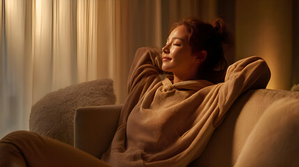 Fototapeta premium Young woman relaxing on sofa near window with warm sunlight