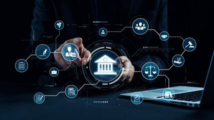 Futuristic digital law interface displaying justice scale, highlighting digital law, AI compliance, digital law systems, and digital law regulations for secure governance. Elide