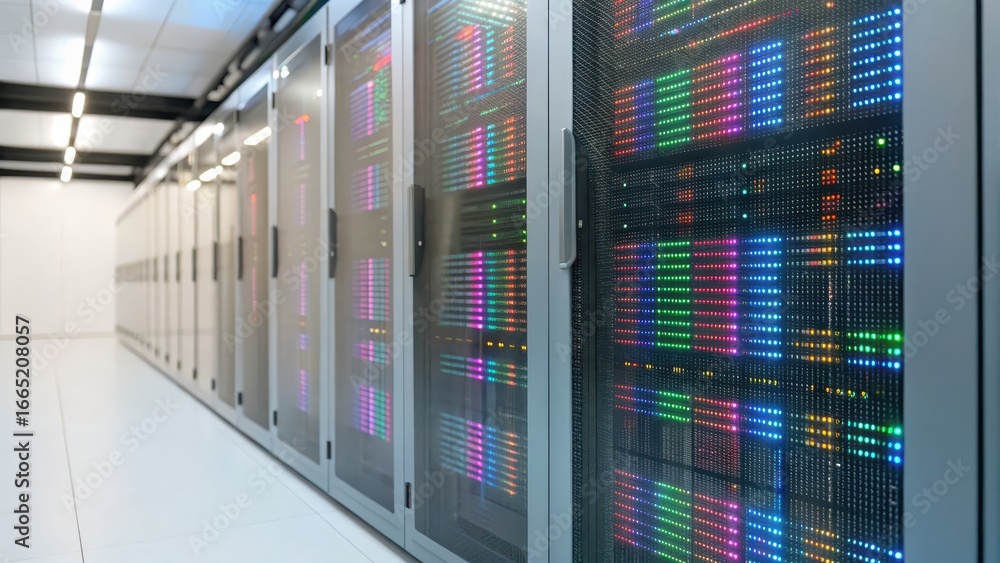 Poster military cyber defense systems data center with rows of servers and colorful led lights illuminating