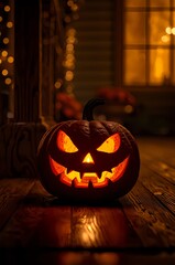 Glowing Halloween Pumpkin Lantern: Festive Night on Porch