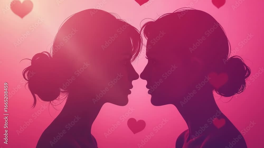 Poster two females standing face-to-face with heart-shaped objects behind them