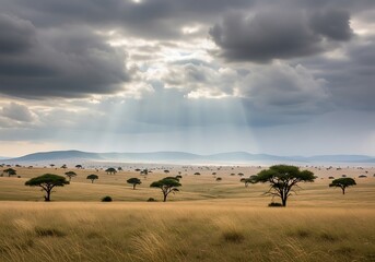 Obraz premium African Savanna Landscape Under Dramatic Sky.