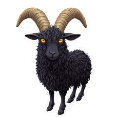 Obraz premium Surreal illustration of black goat with yellow eyes and horns in fantasy landscape with purple bushes and twisted trees, isolated on transparent background