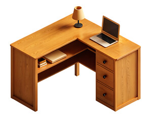 Wooden corner desk with laptop and lamp isolated on a transparent background