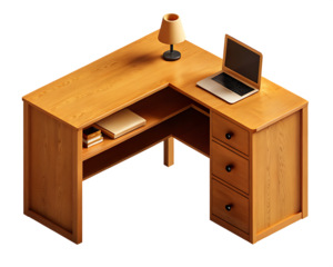Wooden corner desk with laptop and lamp isolated on a transparent background