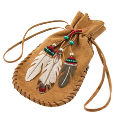 Native American leather medicine pouch decorated with beads and eagle feathers, isolated on transparent background. PNG