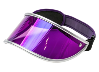 Futuristic cyberpunk neon visor glasses glowing purple, isolated on transparent background. PNG
