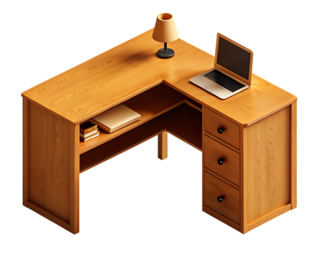 Wooden corner desk with laptop and lamp isolated on a transparent background