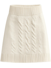 A cream colored cable knit skirt with a ribbed waistband and hem, showcasing intricate knit detailing. This skirt looks both stylish and comfortable