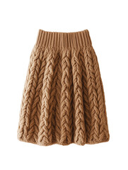 A beautifully textured knitted skirt in a warm, inviting shade of brown. The intricate cable knit design creates a classic and stylish look