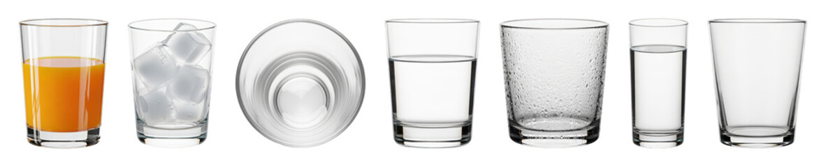 Clear drinking glass set including juice, ice, water, textured, and empty styles isolated. Beverage and hydration collection.