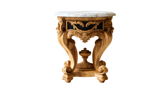 Ornate wooden side table with marble top and intricate carvings