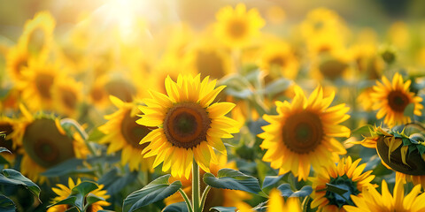 Obraz premium Sunflowers basking in warm sunlight with lush green leaves 