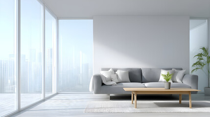 Modern living room overlooking city skyline with sofa and coffee table