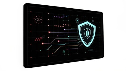 Fototapeta premium next gen firewall software Digital security interface featuring a shield symbol and circuit patterns on a dark background.