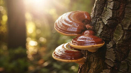 Ganoderma lucidum mushrooms on tree bark reishi lingzhi