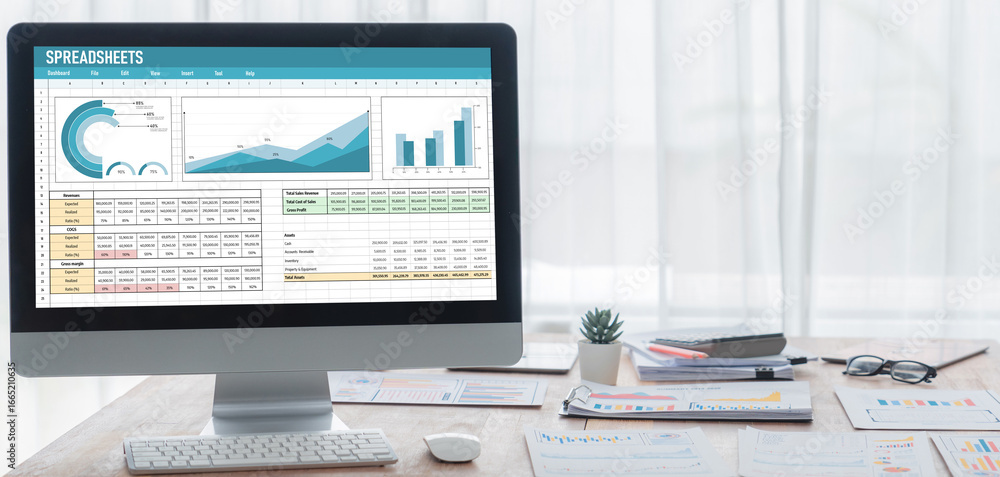 Poster spreadsheet document information financial startup concept. data and graphs in spreadsheet documents