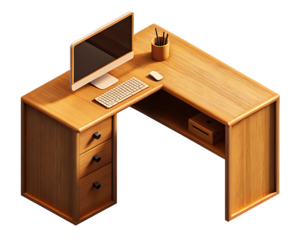 Wooden corner workstation with computer isolated on a transparent background