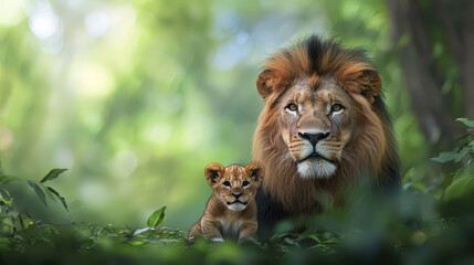 Obraz premium Majestic lion and its playful cub sit together lush green forest, surrounded by vibrant foliage. scene captures tender moment