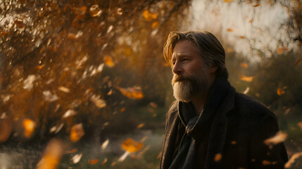 Pensive mature man surrounded by falling autumn leaves enjoys nature's beauty
