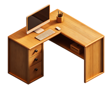 Wooden corner workstation with computer isolated on a transparent background