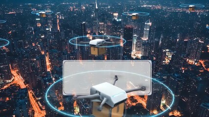 Drones deliver boxes over a brightly lit night cityscape, neon rings around each drone - Powered by Adobe