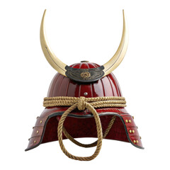 Samurai kabuto helmet with decorative horns, isolated on transparent background. PNG