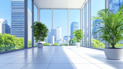 Fototapeta premium Bright and modern office space featuring large windows, city skyline, and indoor plants creating refreshing atmosphere