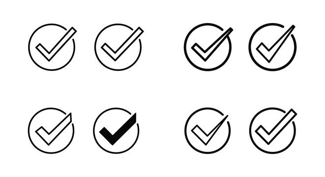 Set of checkmark icons in various line styles and thicknesses on white background