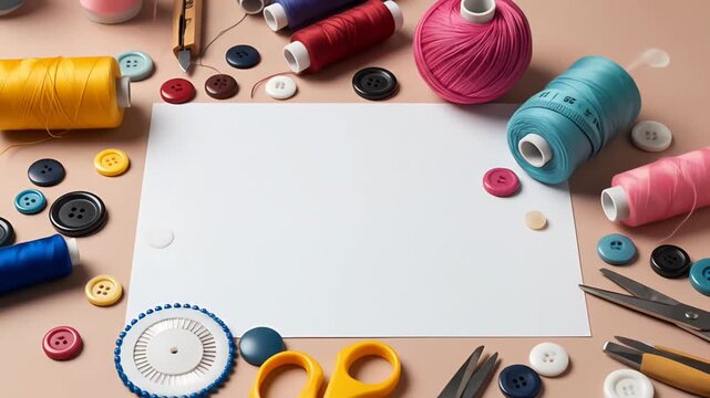 Sewing notions surround blank paper on a tan surface, colorful and ready for crafting
