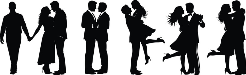 PrintSilhouette romantic couples in various affectionate poses holding hands, kissing, embracing, and dancing for love, wedding, Valentine’s, and relationship themes