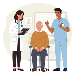 Diverse healthcare team provides inclusive patient consultation: a doctor speaks with an elderly patient as a nurse uses sign language, depicted in a modern flat vector illustration.