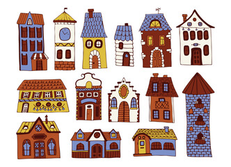 Set of cute fairytale cartoon houses. Building for a small town. Houses isolated on a white background. Vector illustration. Colored flat vector illustration.