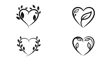 Heart shapes with leaves and branches in a simple line art style