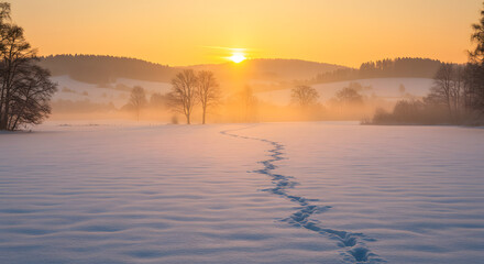 Fototapeta premium Sunrise over river and lake with fog and reflection in nature