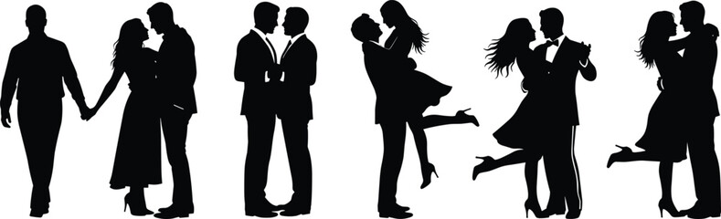 Silhouette romantic couples in various poses showing love, affection, dancing, embracing, and kissing for relationship, wedding, and Valentine’s theme illustration