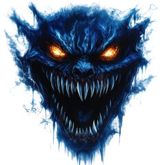 Terrifying screaming monster face with glowing eyes and sharp teeth in dark blue horror, isolated on transparent background