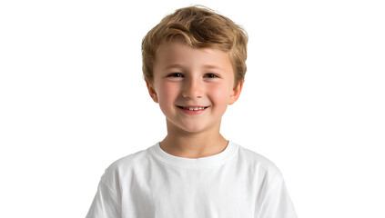 a happy boy wearing a white t-shirt, smiling, isolated on a transparent background