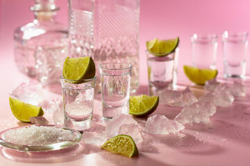 Tequila with lime, sea salt, and crushed ice on a pink background.