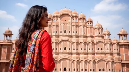 Woman in vibrant clothing looks at Hawa Mahal, Jaipur. A serene travel shot showcasing Indian architecture. Cultural heritage, South Asia, travel destination.