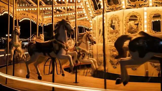 Blurred view of an illuminated carousel with horses, turning at night